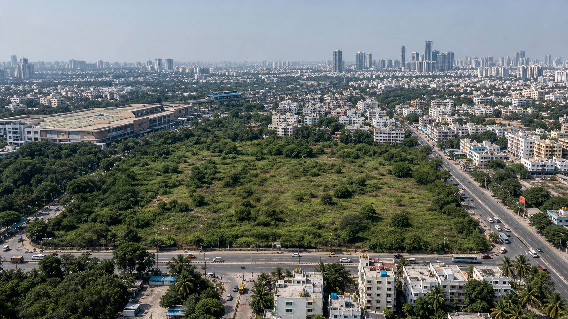 Aerial view of the Serenova land parcel against the North Bengaluru skyline